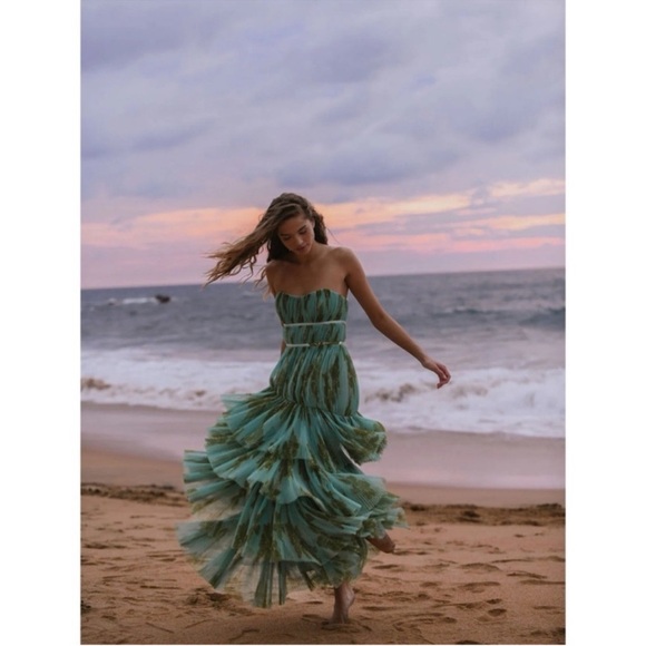 ANTHROPOLOGIE Hutch Lanza Strapless Pleated Tiered Ruffle Tulle Maxi Dress Green - Picture 11 of 15